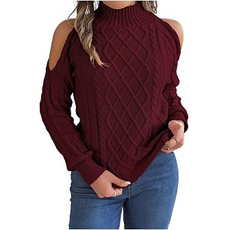 Women Turtleneck Sweaters Stylish Cold Shoulder Pullover Casual Long Sleeve Cable Knitted Tops