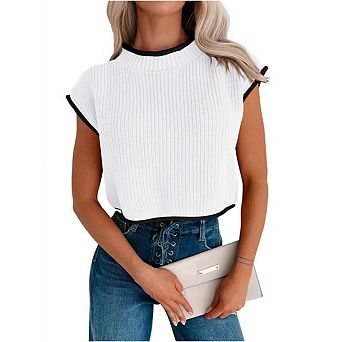 Womens Cap Sleeve Crop Tops High Neck Contrast Color Sweater Vest Ribbed Knit Sleeveless Tank Top