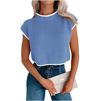 Womens Cap Sleeve Crop Tops High Neck Contrast Color Sweater Vest Ribbed Knit Sleeveless Tank Top