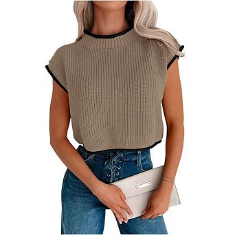 Womens Cap Sleeve Crop Tops High Neck Contrast Color Sweater Vest Ribbed Knit Sleeveless Tank Top
