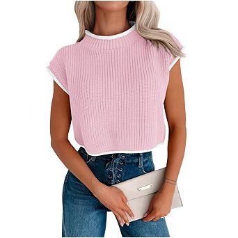 Womens Cap Sleeve Crop Tops High Neck Contrast Color Sweater Vest Ribbed Knit Sleeveless Tank Top