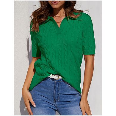 Womens Short Sleeve V Neck Sweaters Cable Knit Collared Pullover Sweater Trendy Comfy Polo Shirts