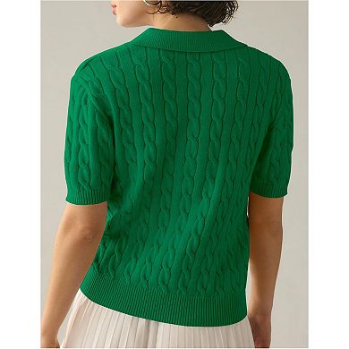 Womens Short Sleeve V Neck Sweaters Cable Knit Collared Pullover Sweater Trendy Comfy Polo Shirts