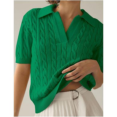 Womens Short Sleeve V Neck Sweaters Cable Knit Collared Pullover Sweater Trendy Comfy Polo Shirts