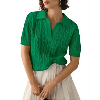 Womens Short Sleeve V Neck Sweaters Cable Knit Collared Pullover Sweater Trendy Comfy Polo Shirts