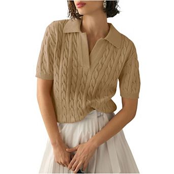 Womens Short Sleeve V Neck Sweaters Cable Knit Collared Pullover Sweater Trendy Comfy Polo Shirts