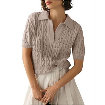 Womens Short Sleeve V Neck Sweaters Cable Knit Collared Pullover Sweater Trendy Comfy Polo Shirts