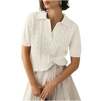 Womens Short Sleeve V Neck Sweaters Cable Knit Collared Pullover Sweater Trendy Comfy Polo Shirts