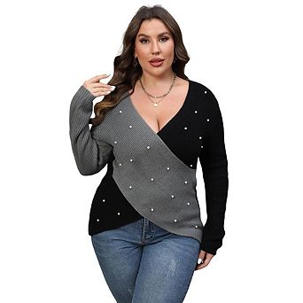 Women's Plus Size Sweater Criss Cross Wrap Ruched Long Sleeve Sweaters Trendy Rib Knit Pullover