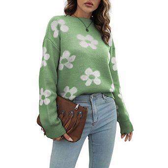 Womens Floral Pattern Oversized V Neck Fuzzy Sweaters Loose Long Sleeve Chunky Knit Pullover Tops