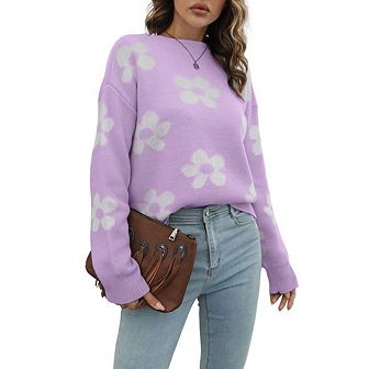 Womens Floral Pattern Oversized V Neck Fuzzy Sweaters Loose Long Sleeve Chunky Knit Pullover Tops