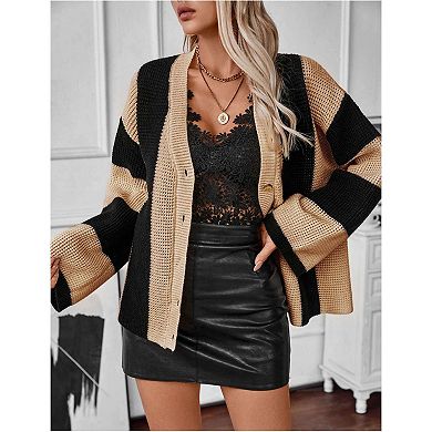 Womens Long Sleeve Cable Knitted Color Block Striped Sweater Cardigans for Spring Fall Winter