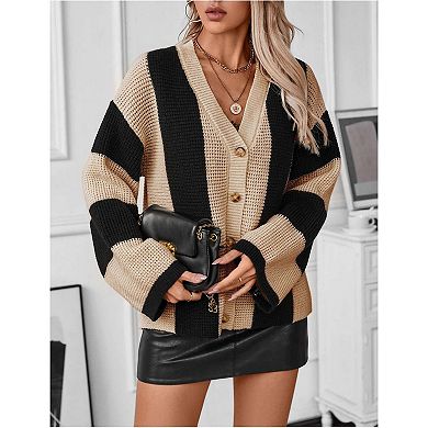 Womens Long Sleeve Cable Knitted Color Block Striped Sweater Cardigans for Spring Fall Winter