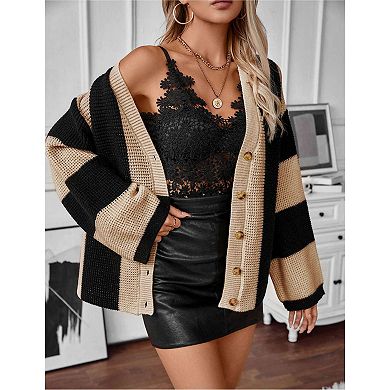 Womens Long Sleeve Cable Knitted Color Block Striped Sweater Cardigans for Spring Fall Winter