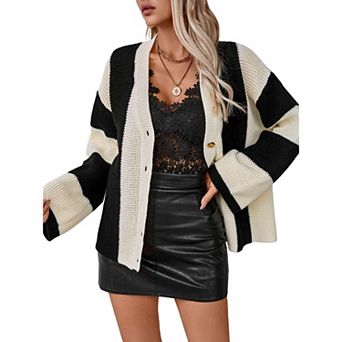 Womens Long Sleeve Cable Knitted Color Block Striped Sweater Cardigans for Spring Fall Winter