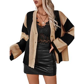 Womens Long Sleeve Cable Knitted Color Block Striped Sweater Cardigans for Spring Fall Winter
