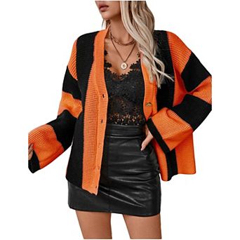Womens Long Sleeve Cable Knitted Color Block Striped Sweater Cardigans for Spring Fall Winter