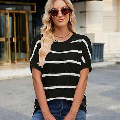 Women's Pullover Round Neck Color Block Drop Shoulder Short Sleeve Sweater Top