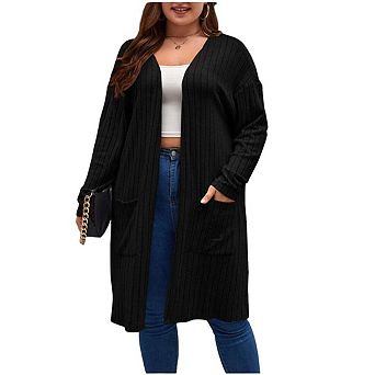 Womens Plus Size Open Front Cardigan Knit Long Sleeve Sweaters Tops Fall Coat Outerwear with Pocket