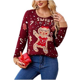Women's Ugly Cute Christmas Sweaters Gingerman Print Pattern Long Sleeve Sweaters