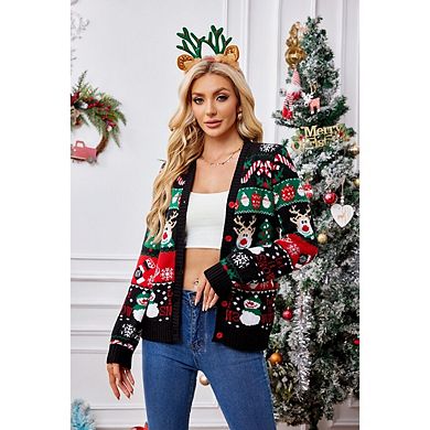 Women's Ugly Christmas Cute Sweater Caidigans Knitted Long Sleeve Open Front Pullover Sweater