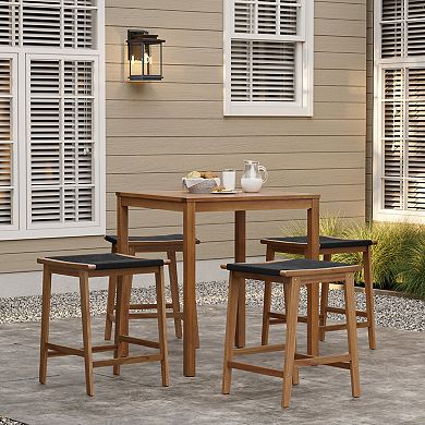 LuxenHome Outdoor Acacia Wood 4-Person Counter Height Table with 4 Stools Set