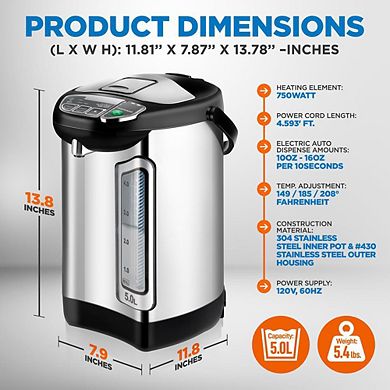 NutriChef Digital Hot Water Dispenser, 5L Instant Water Boiler with Auto Dispense & Safety Lock