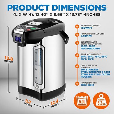 NutriChef Digital Hot Water Dispenser, 5L Instant Water Boiler with Auto Dispense & Safety Lock