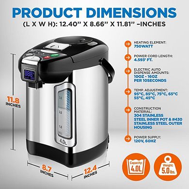 NutriChef Digital Hot Water Dispenser, 4L Instant Water Boiler, Auto Dispense with Safety Lock