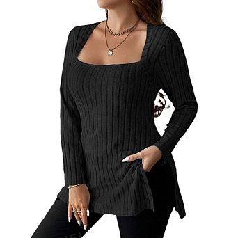 Women Plus Size Top Fall Lightweight Square Neck Long Sleeve Shirts Side Split Ribbed Knit Sweaters