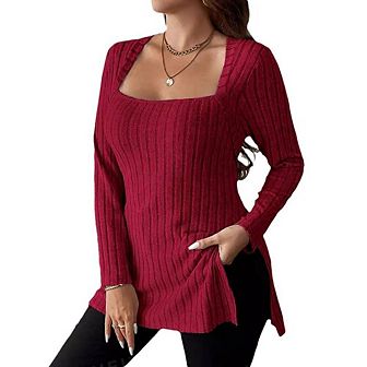 Women Plus Size Top Fall Lightweight Square Neck Long Sleeve Shirts Side Split Ribbed Knit Sweaters