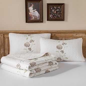 Floral Embroidered Cotton Quilt Set, Soft Prewashed 3 pc Bedding for a Cozy, Classic Bedroom