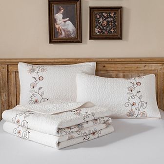 Soft 100% Cotton Embroidered Quilt Set, Floral Design, Queen & King