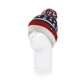 Men's Heat Holders Heatweaver Lined Patriotic USA Roll Up Hat with Pom