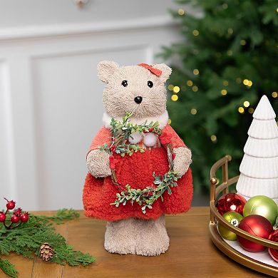 Northlight 10-Inch Woodland Girl Bear Holding Wreath Christmas Figure Table Decor