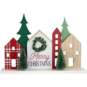 Northlight 15-Inch Wooden "Merry Christmas" Houses with Trees Table Decor
