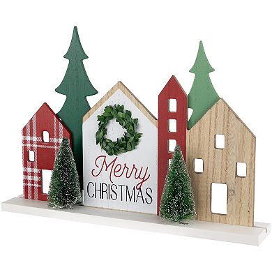 Northlight 15-Inch Wooden "Merry Christmas" Houses with Trees Table Decor