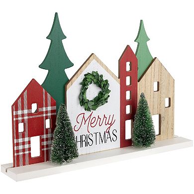 Northlight 15-Inch Wooden "Merry Christmas" Houses with Trees Table Decor