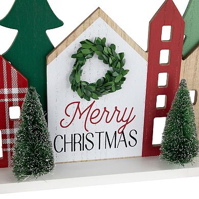 Northlight 15-Inch Wooden "Merry Christmas" Houses with Trees Table Decor