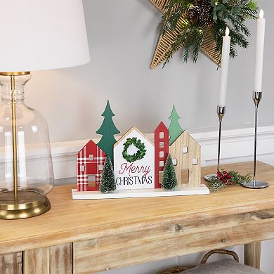 Northlight 15-Inch Wooden "Merry Christmas" Houses with Trees Table Decor