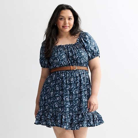 Женские платья Plus Juniors' Plus Size Mary & Mo Belted Short Sleeve Dress with Ruffle Hem