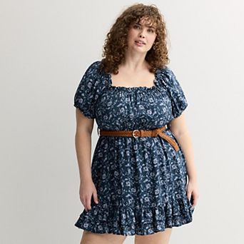 Juniors' Plus Size Liberty Love Belted Short Sleeve Dress with Ruffle Hem