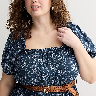 Juniors' Plus Size Liberty Love Belted Short Sleeve Dress with Ruffle Hem