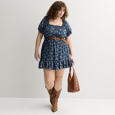 Juniors' Plus Size Liberty Love Belted Short Sleeve Dress with Ruffle Hem