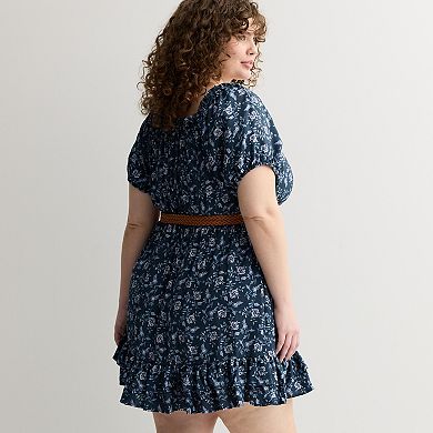 Juniors' Plus Size Liberty Love Belted Short Sleeve Dress with Ruffle Hem