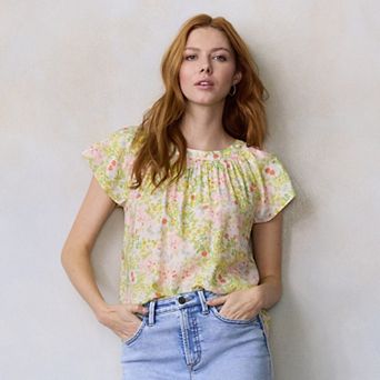 Petite LC Lauren Conrad Shirred Neck Self-Tie Shell Blouse