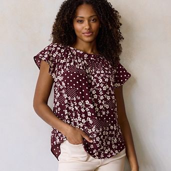 Petite LC Lauren Conrad Shirred Neck Self-Tie Shell Blouse