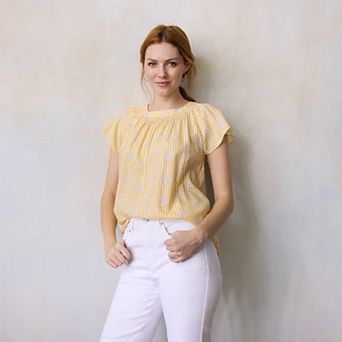 Petite LC Lauren Conrad Shirred Neck Self-Tie Shell Blouse