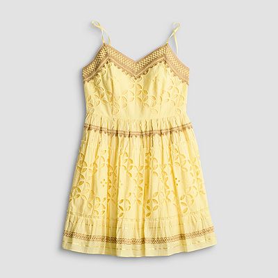 Farmers Market Dresses | Yellow Eyelet Spaghetti-Strap Sundress With Contrast Trim | Color: Tan/Yellow | Size: L | Gmdel1028's Closet