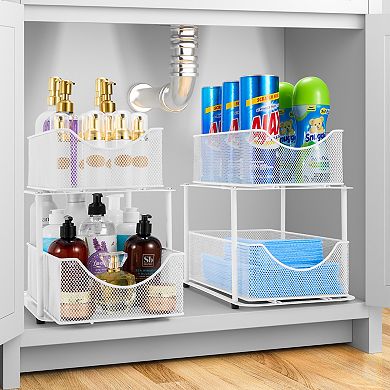 Sorbus 2 Pack 2 Tier Baskets with Mesh Sliding Drawers - Ideal Cabinet, Under the Sink, etc
